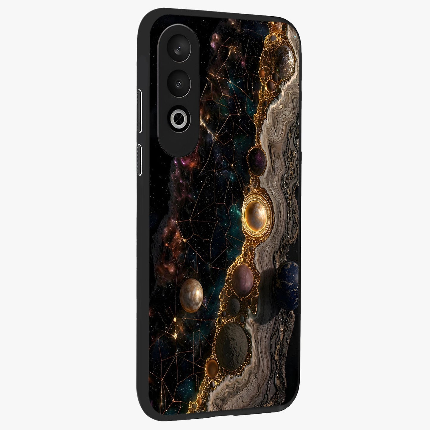 Cosmic Gold Path Glass Case for 1+Nord Ce 4 side perspective highlighting premium metallic detailing and sleek edges