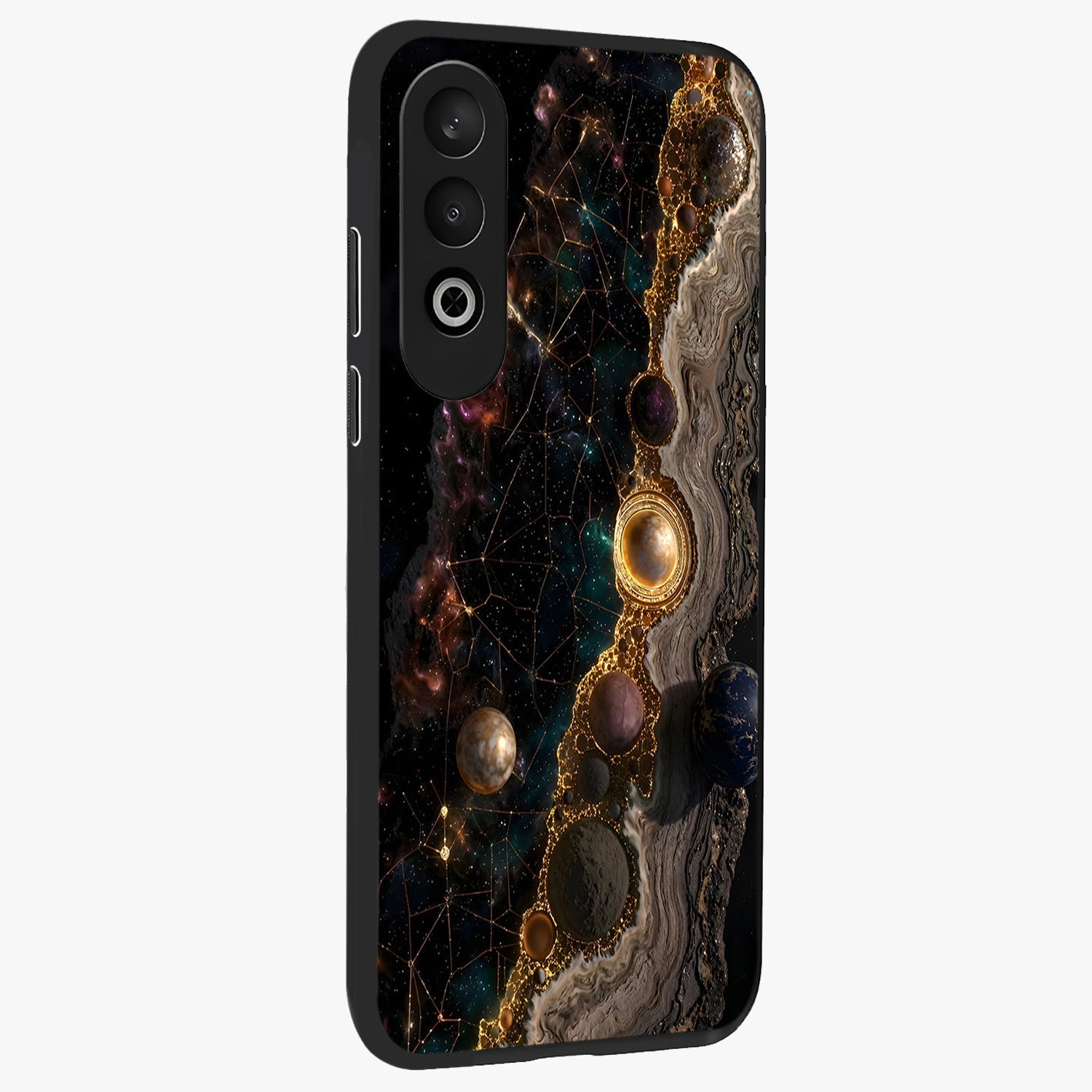 Cosmic Gold Path Glass Case for 1+Nord Ce 4 side perspective highlighting premium metallic detailing and sleek edges