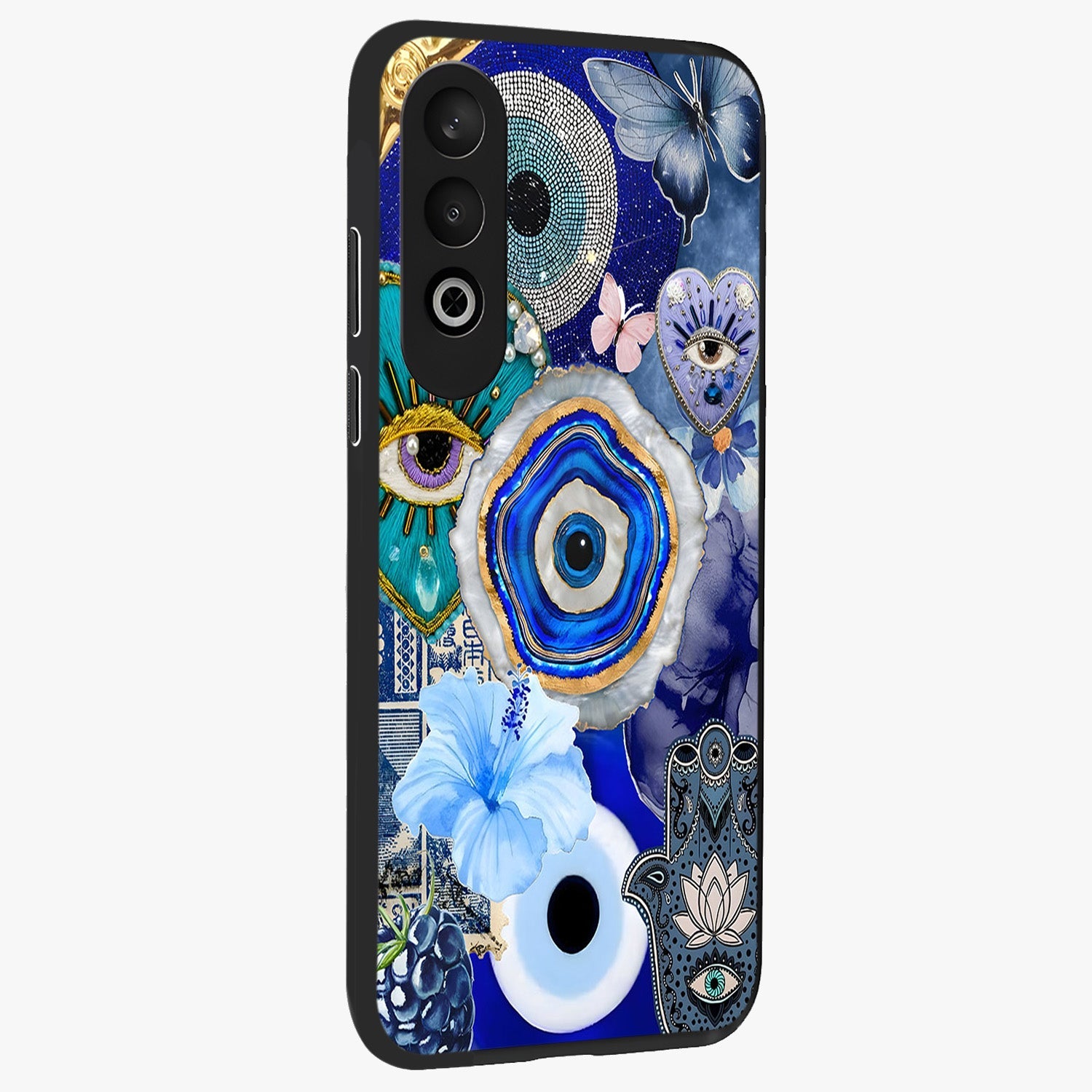 Crimson Evil Eye Charm Glass Case for 1+Nord Ce 4 side perspective highlighting intricate charm design and smooth edges