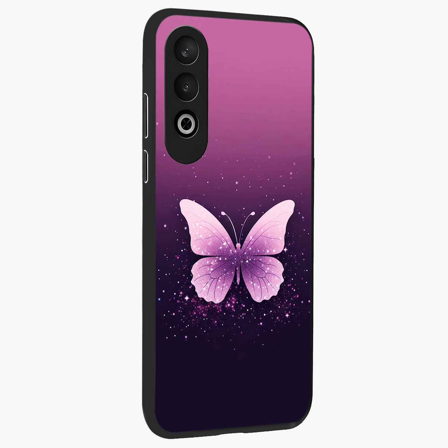 Cute Starry Butterfly Glass Case for 1+Nord Ce 4 side perspective highlighting glowing star details and sleek edge finish