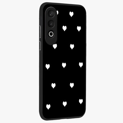 Cute Simple black Hearts Glass Case for 1+Nord Ce 4 side perspective highlighting dramatic contrast and premium build