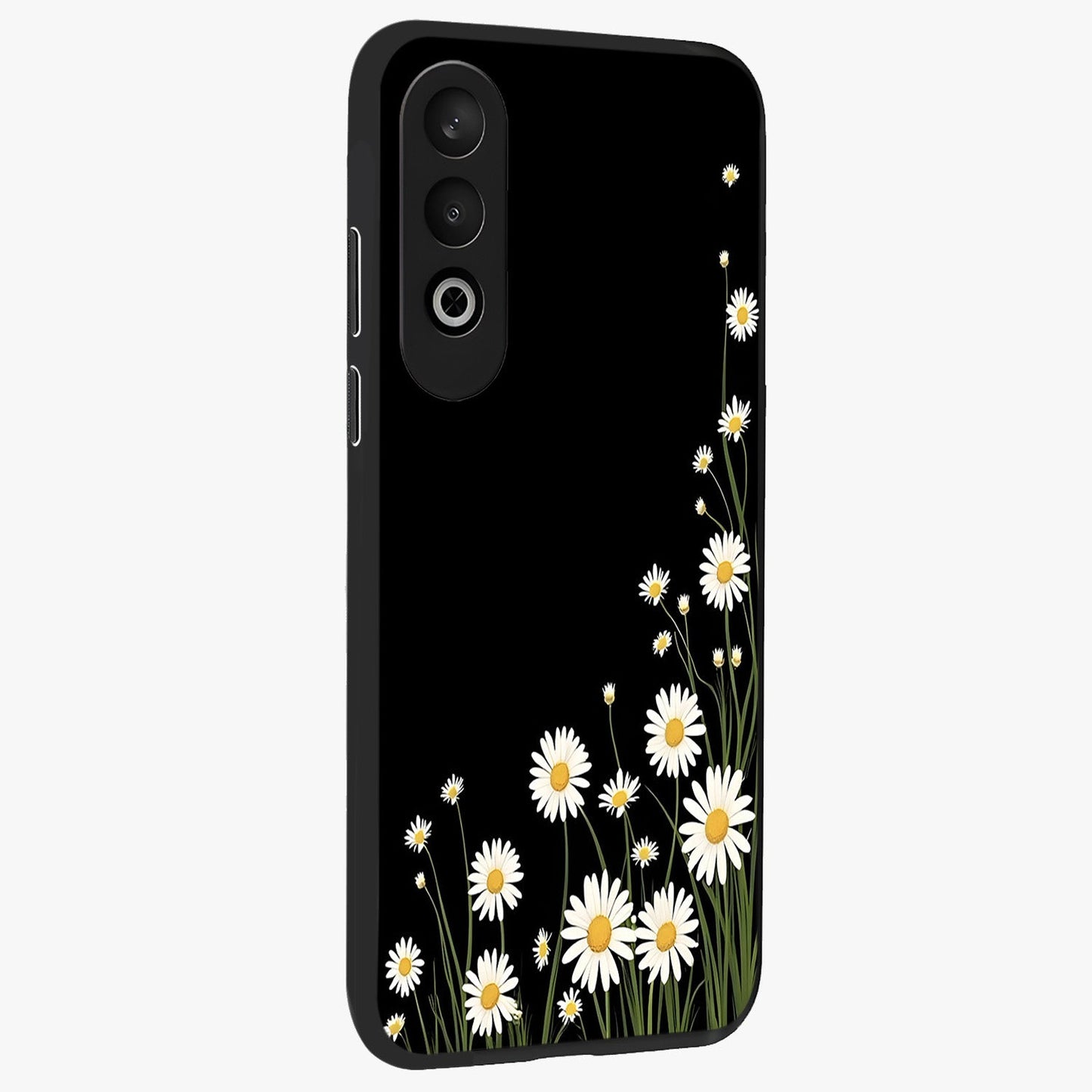 Daisy Cascade on Black Glass Case for 1+Nord CE 4 side perspective highlighting delicate daisy detailing and smooth edges
