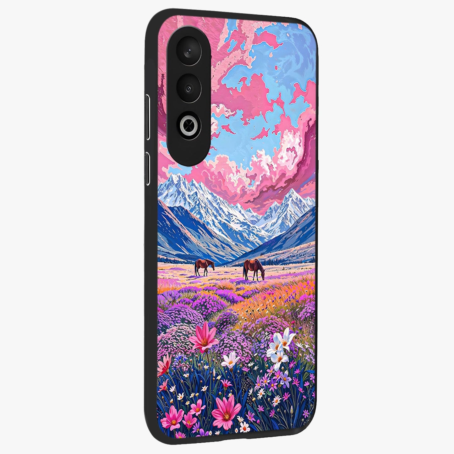 Dreamy Floral Pastures Glass Case for 1+Nord CE 4 side perspective highlighting calming floral detailing and sleek build