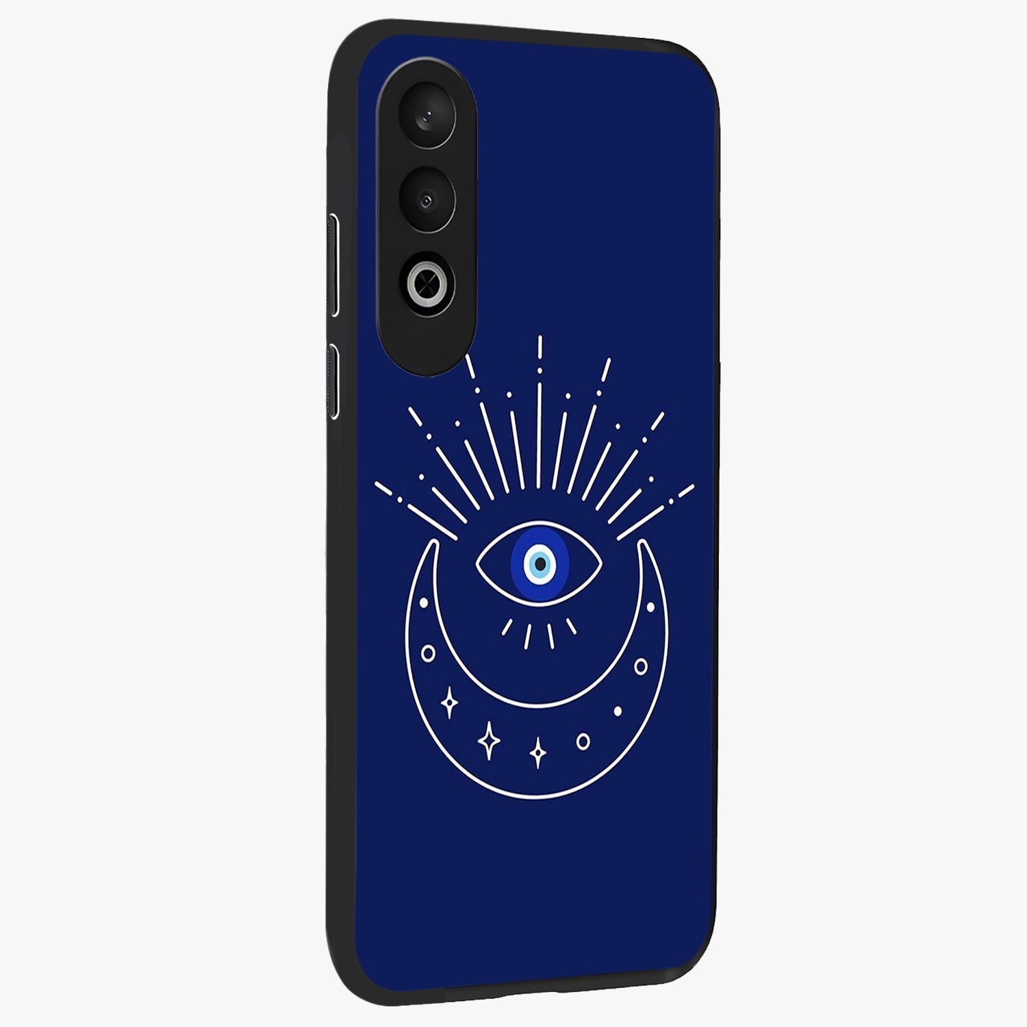 Evil Eye With Blue Themed Collage Glass Case for 1+Nord CE 4 side perspective highlighting bold collage detailing and smooth edges