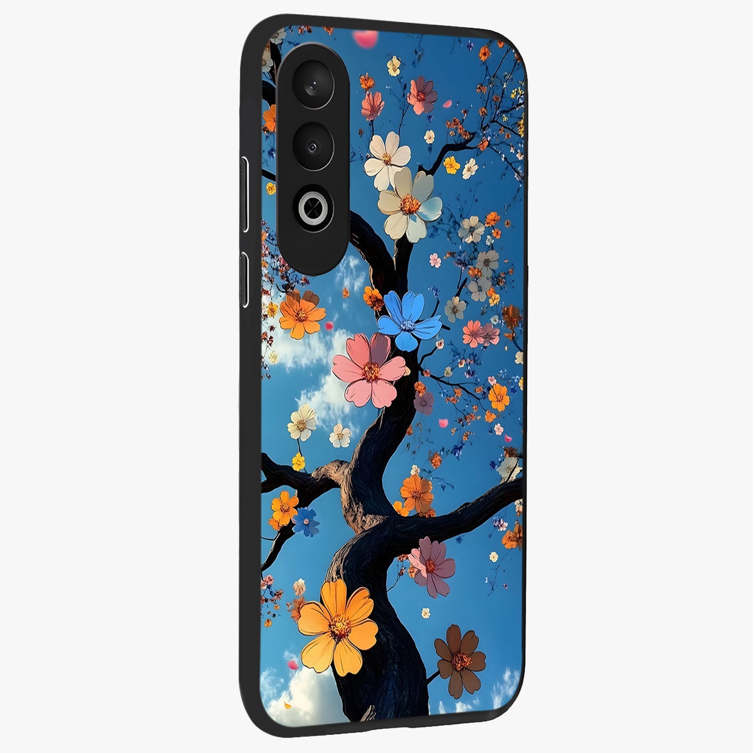 Floral Tree Glass Case for 1+Nord Ce 4 side perspective highlighting vibrant floral patterns and sleek edges
