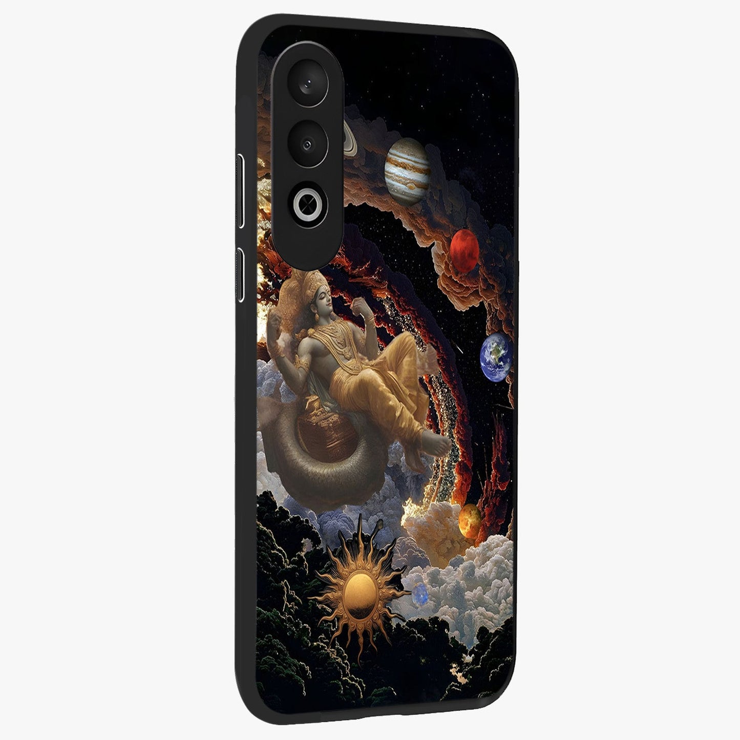 Galactic Divine God Glass Case for 1+Nord CE 4 side perspective highlighting intricate divine detailing and premium edge finish