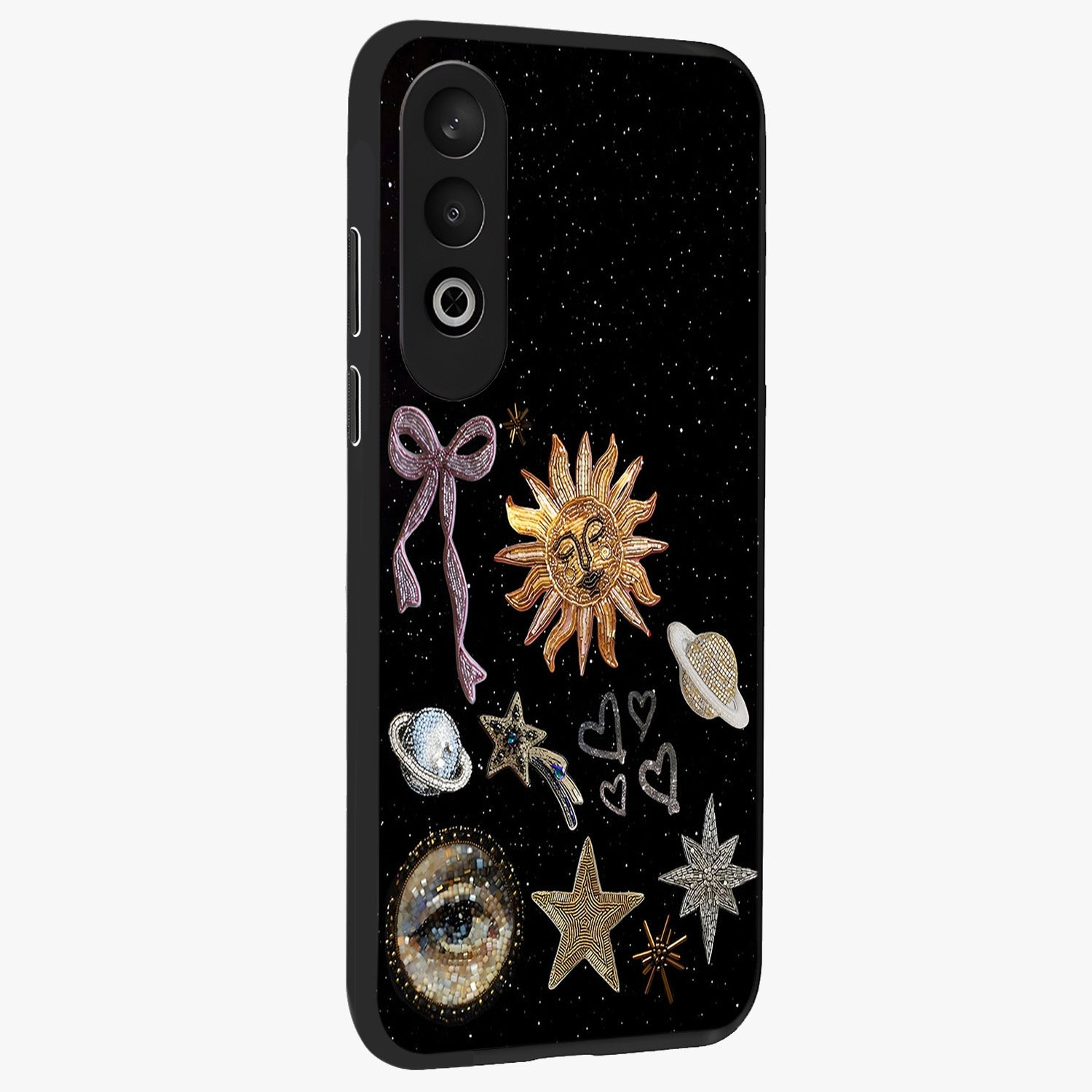 Galactic Sun Charm Glass Case for 1+Nord Ce 4 side perspective highlighting glowing sun detailing and premium edge finish