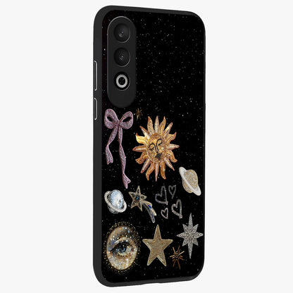 Galactic Sun Charm Glass Case for 1+Nord Ce 4 side perspective highlighting glowing sun detailing and premium edge finish