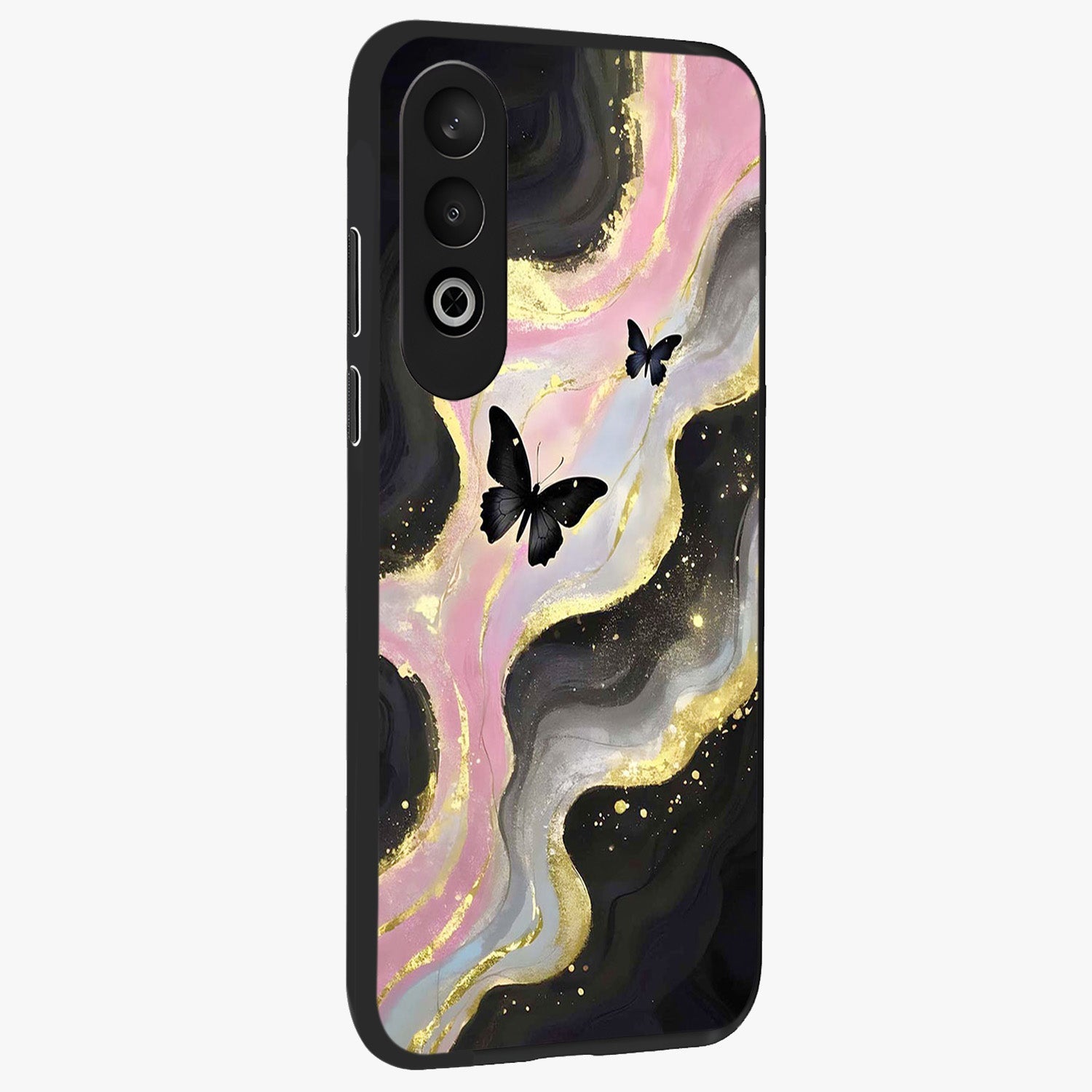 Golden Mist Butterflies Glass Case for 1+Nord CE 4 side perspective highlighting delicate wing textures and premium edges
