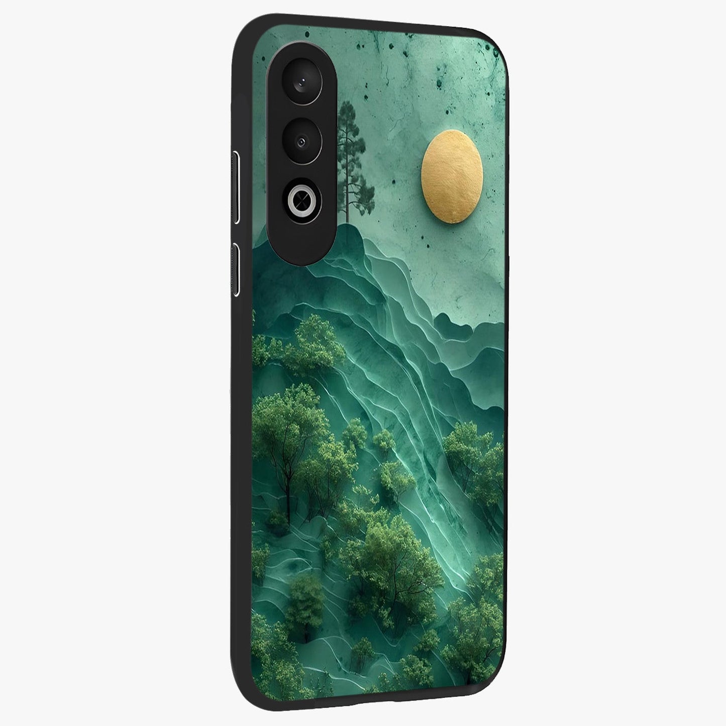 Green Hills With Sun Glass Case for 1+Nord CE 4 side perspective highlighting serene landscape textures and premium build