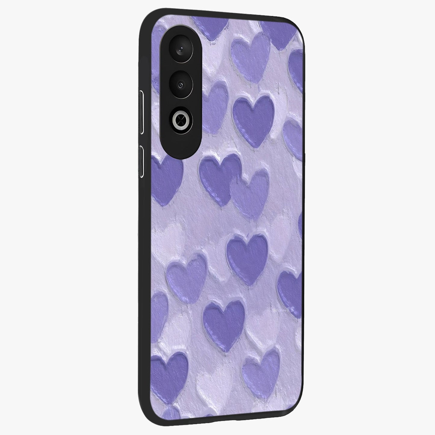 Lavender Paper Hearts Glass Case for 1+Nord CE 4 side perspective highlighting delicate heart textures and sleek build