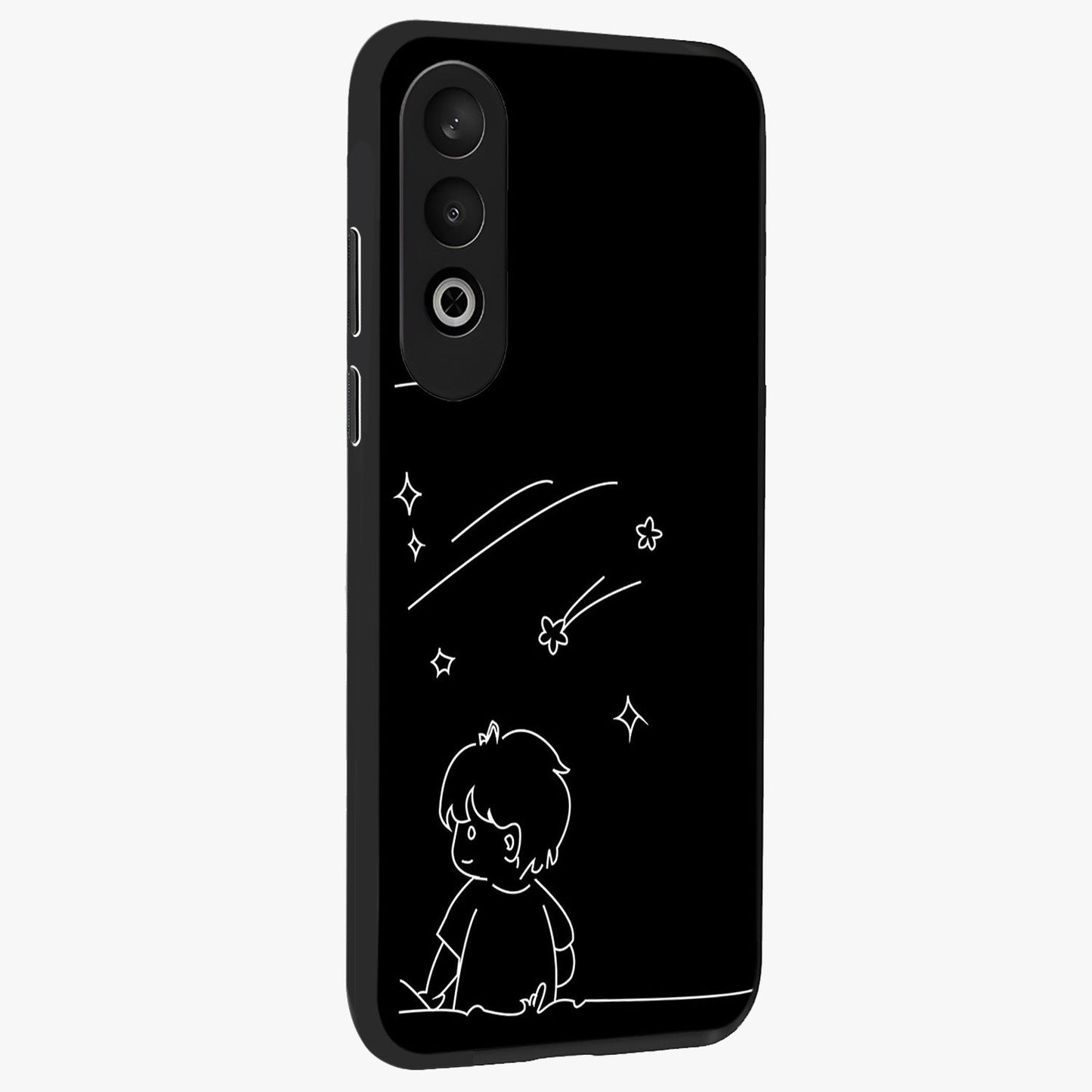 Line Art Boy With Shooting Stars Glass Case for 1+Nord CE 4 side perspective highlighting delicate line textures and smooth edges