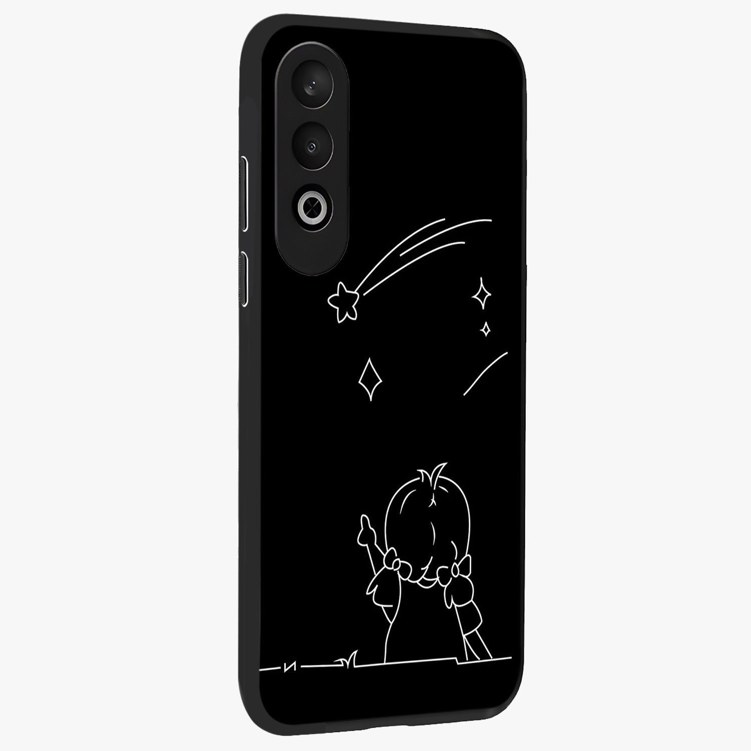 Line Art Girl With Shooting Stars Glass Case for 1+Nord Ce 4 side perspective highlighting subtle star textures and premium build