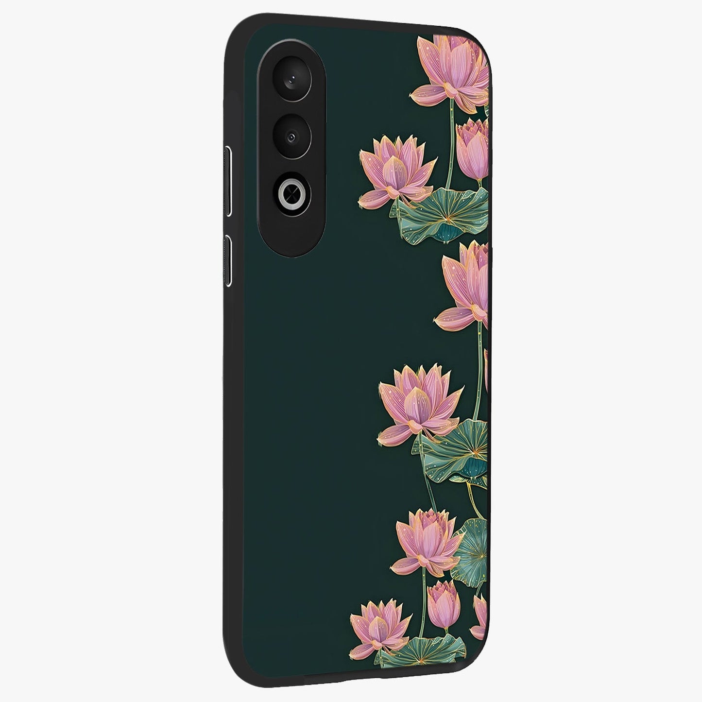 Lotus Bloom Serenity Glass Case for 1+Nord CE 4 side perspective highlighting delicate petal textures and premium edges