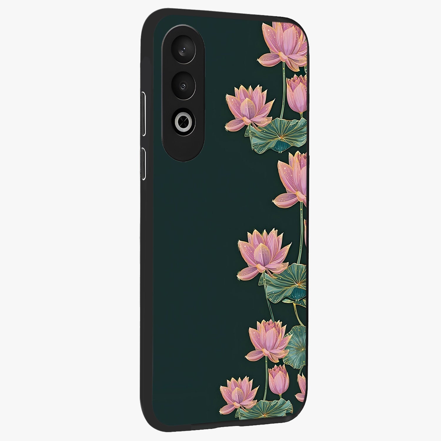 Lotus Bloom Serenity Glass Case for 1+Nord CE 4 side perspective highlighting delicate petal textures and premium edges