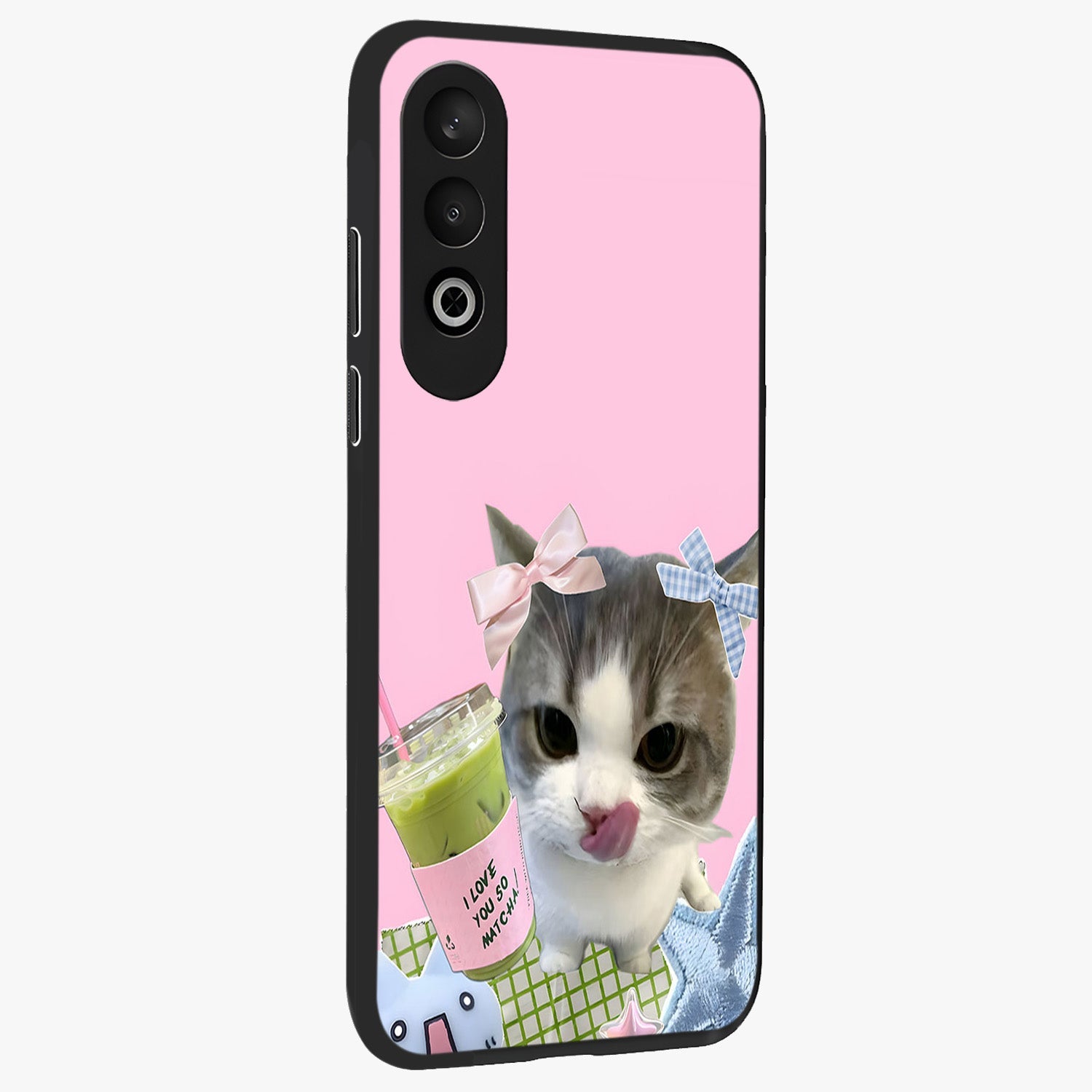 Love Matcha Cat Glass Case for 1+Nord CE 4 side perspective highlighting charming feline textures and smooth edges