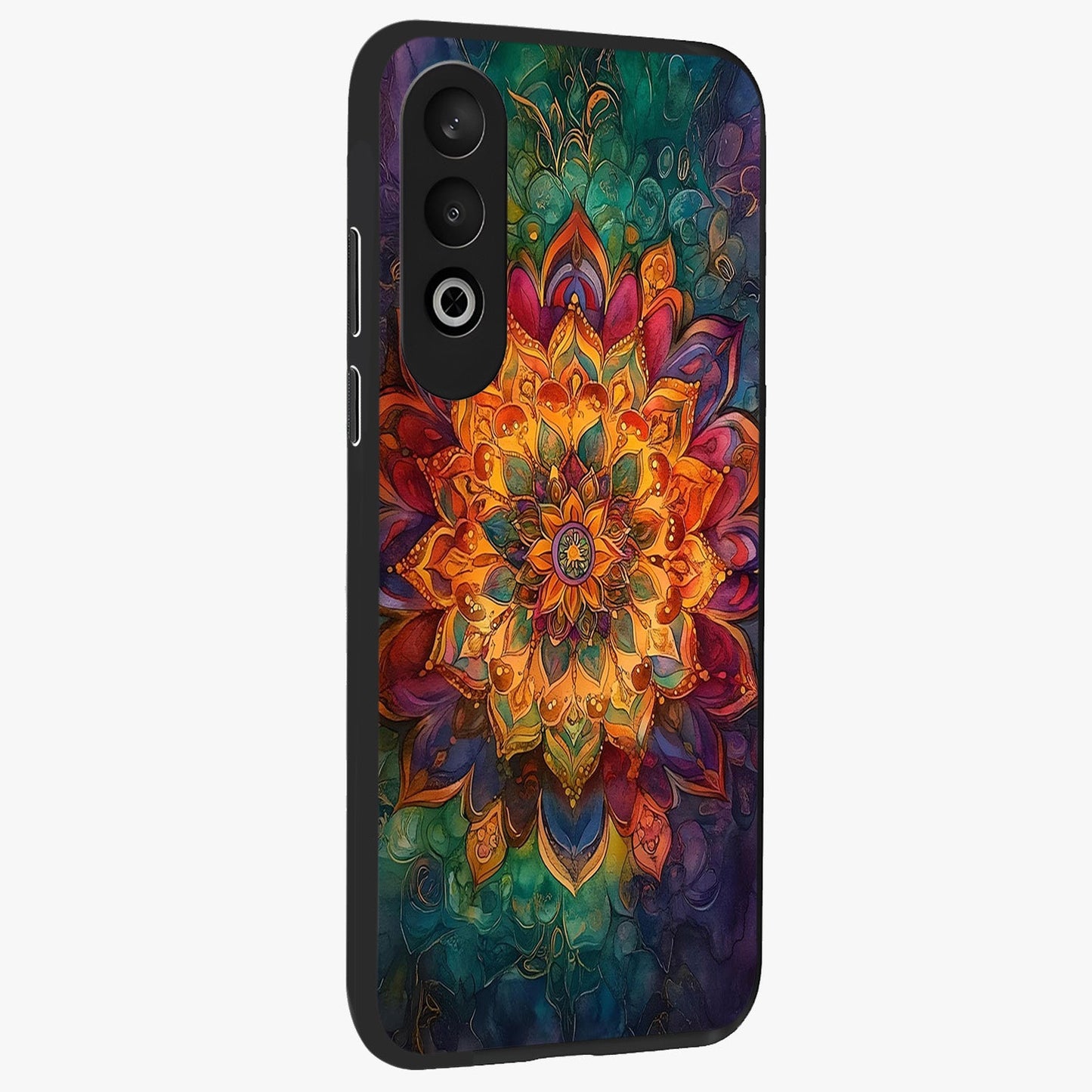 Mandala Vibrants Glass Case for 1+Nord CE 4 side perspective highlighting vibrant ornamental textures and premium edges