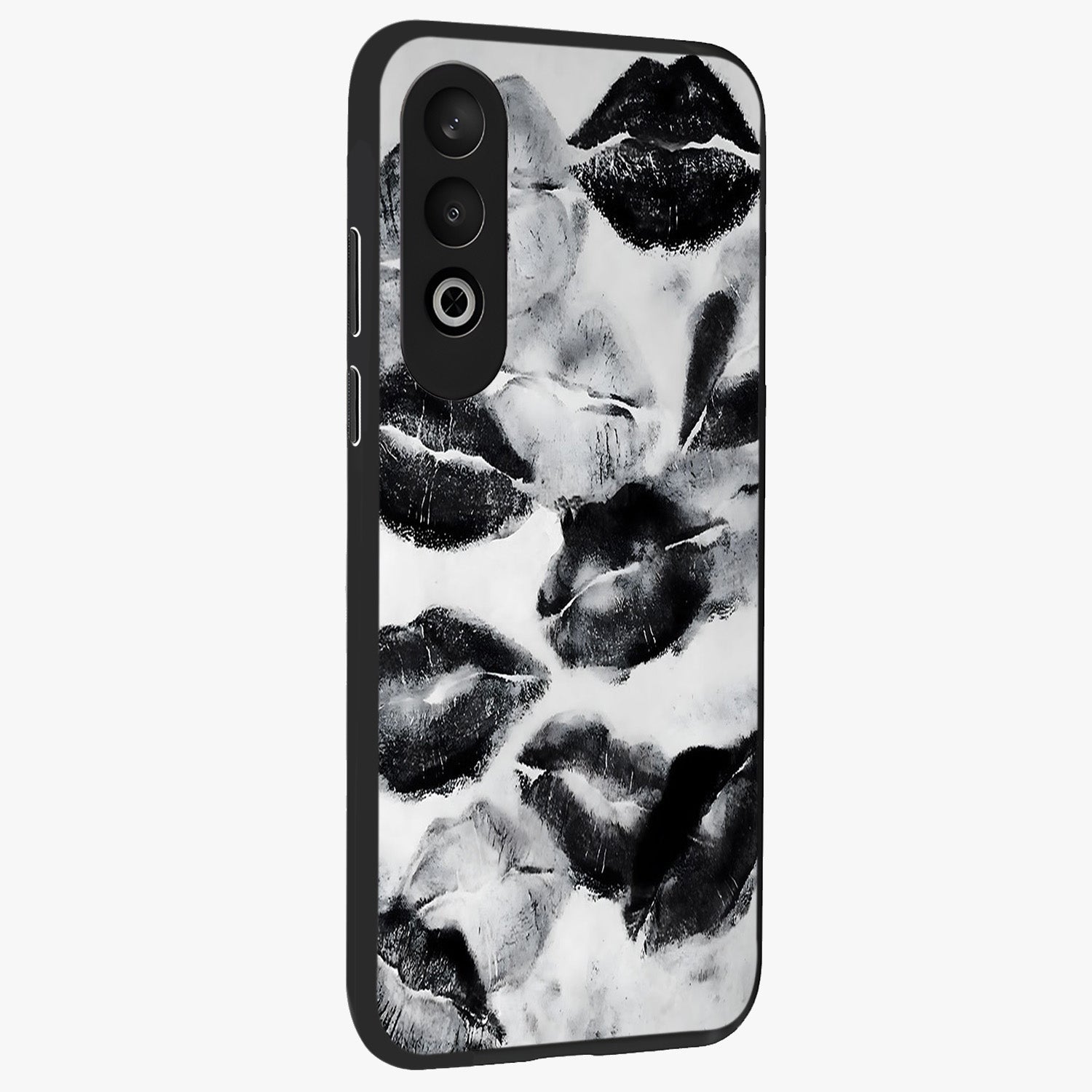 Midnight Kiss Marks Glass Case for 1+Nord CE 4 side perspective highlighting playful detailing and premium edge finish