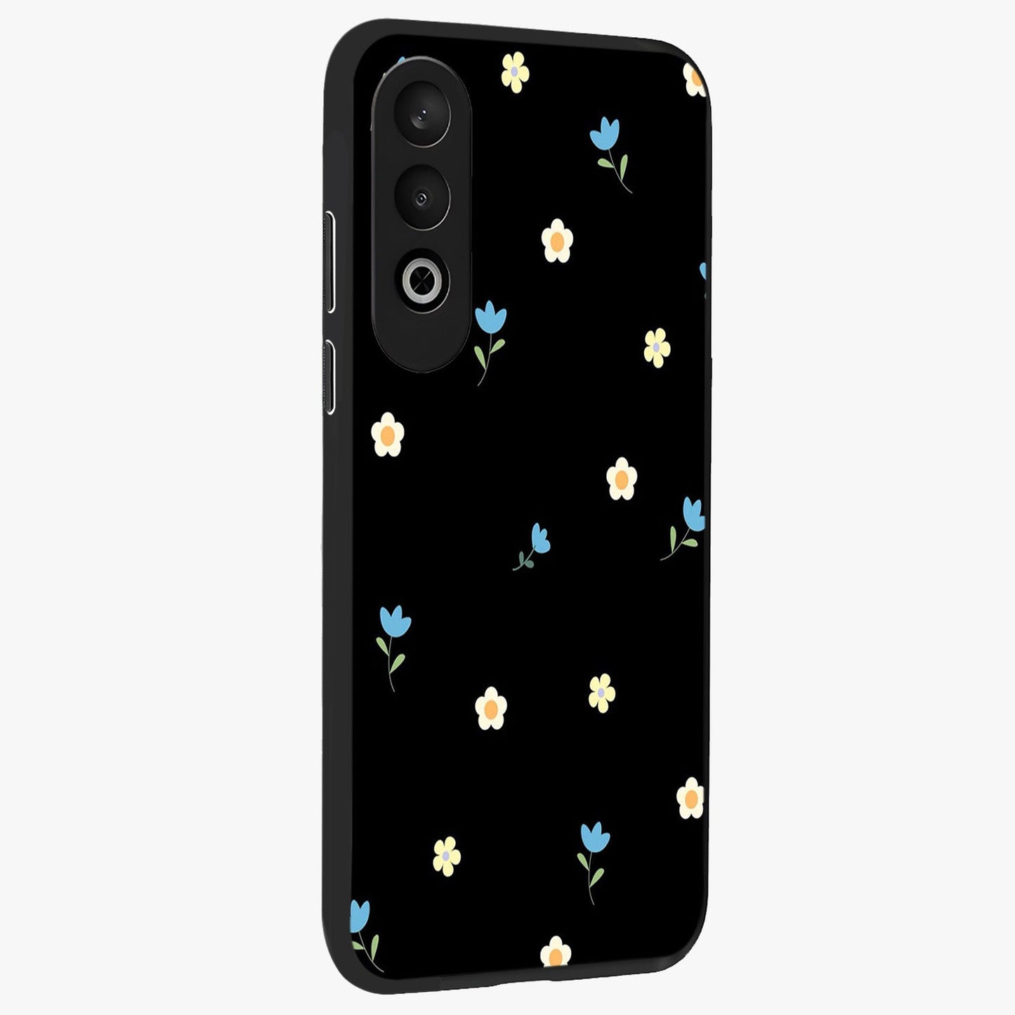 Minimalistic Blue With White Flower Pattern Glass Case for 1+Nord CE 4 side perspective highlighting subtle floral textures and premium edges