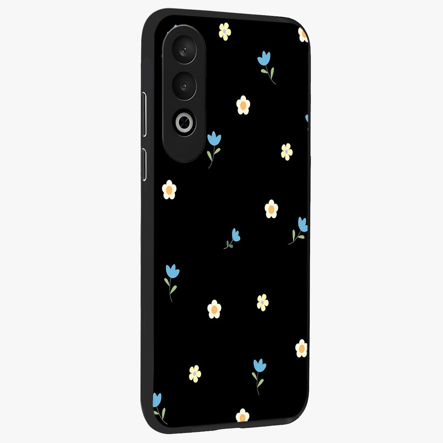 Minimalistic Blue With White Flower Pattern Glass Case for 1+Nord CE 4 side perspective highlighting subtle floral textures and premium edges