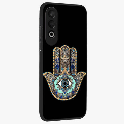 Mystic Hamsa Eye Glass Case for 1+Nord CE 4 side perspective highlighting ornate textures and premium edges
