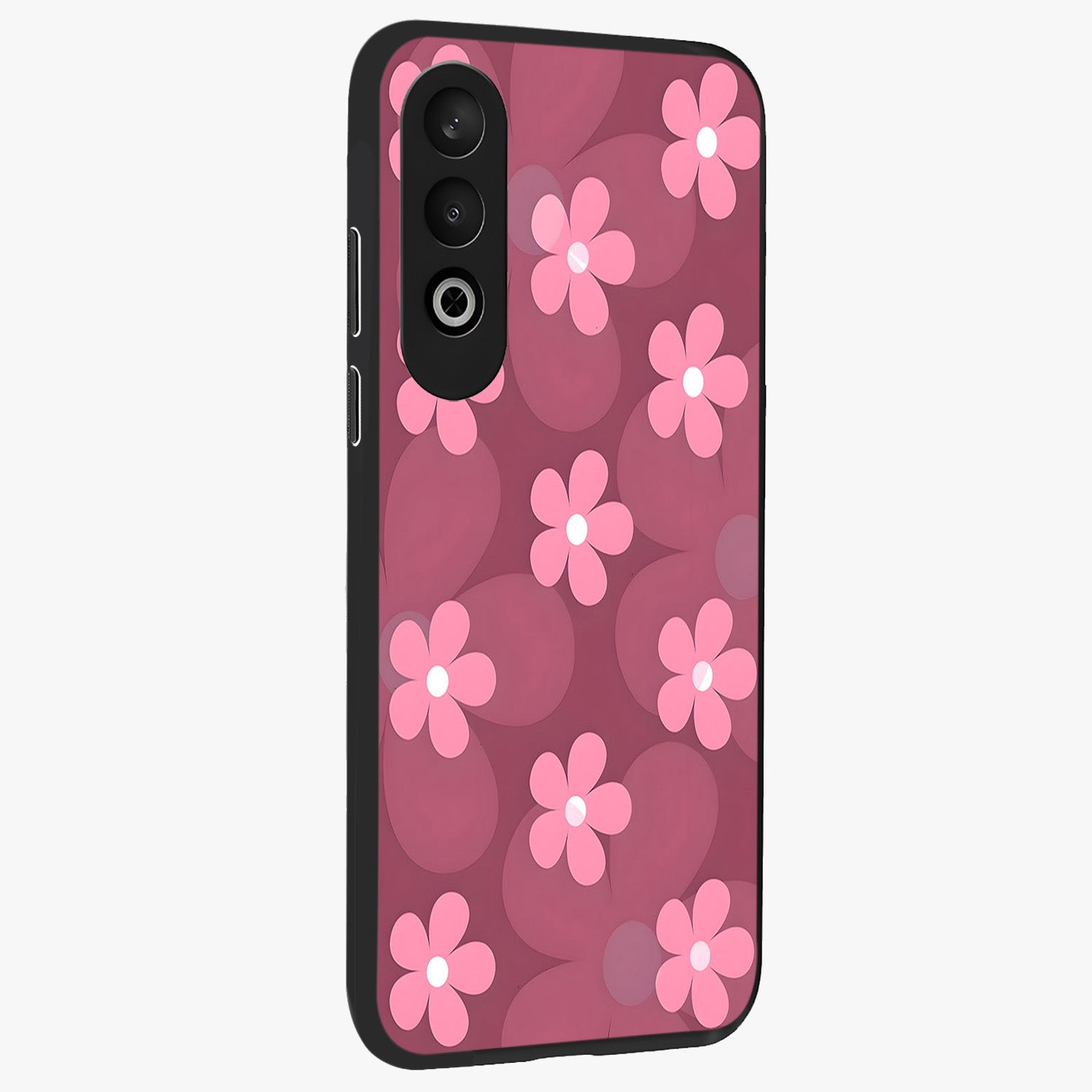 Pink Daisy Flower Pattern Glass Case for 1+Nord CE 4 side perspective highlighting bright floral textures and smooth build