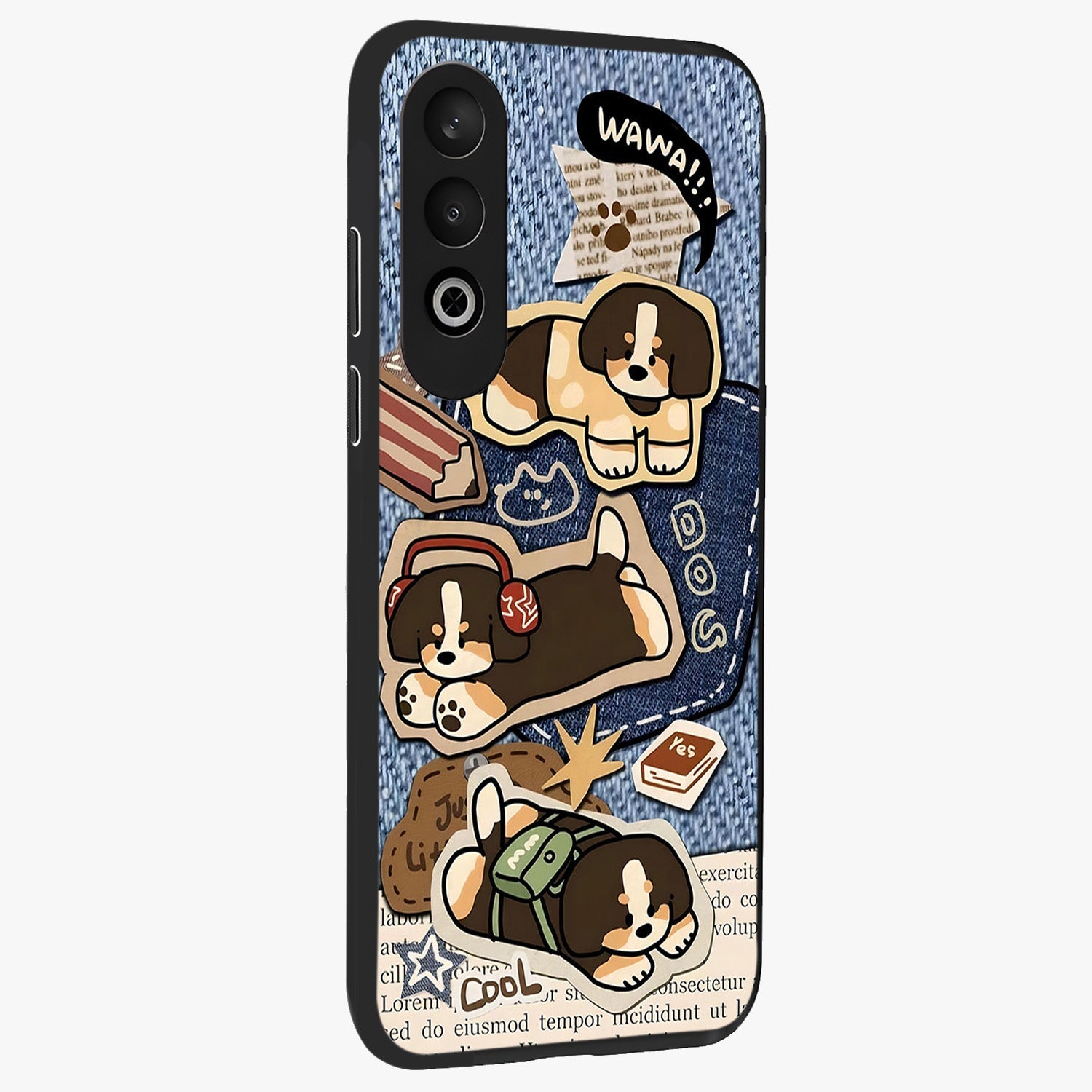 Puppy Sticker Parade Glass Case for 1+Nord CE 4 side perspective highlighting fun sticker textures and premium edges