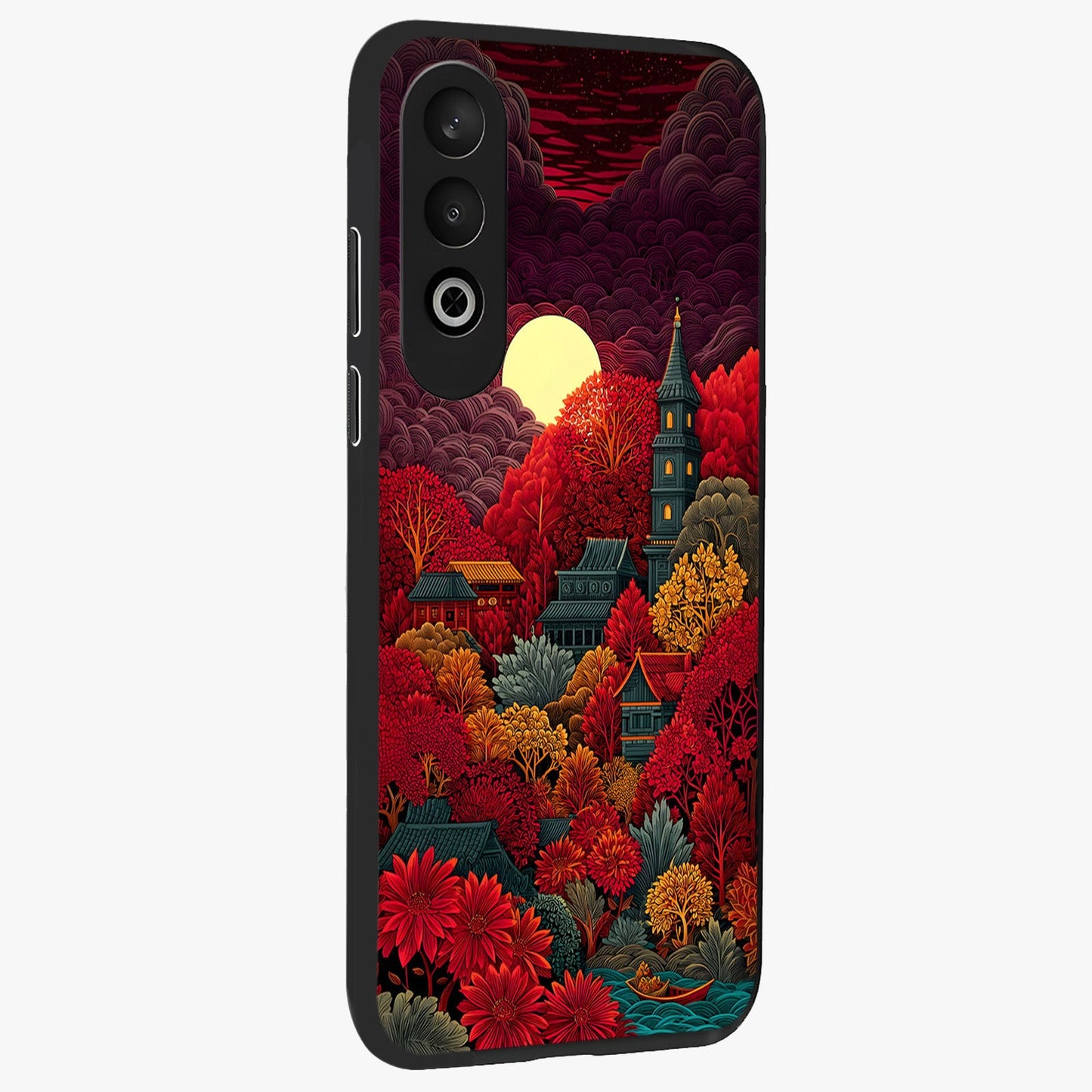 Red Scenery Hot Glass Case for 1+Nord CE 4 side perspective highlighting vivid gradient textures and smooth build