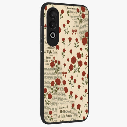 Retro Rose Journal Glass Case for 1+Nord CE 4 side perspective highlighting delicate floral textures and premium edges