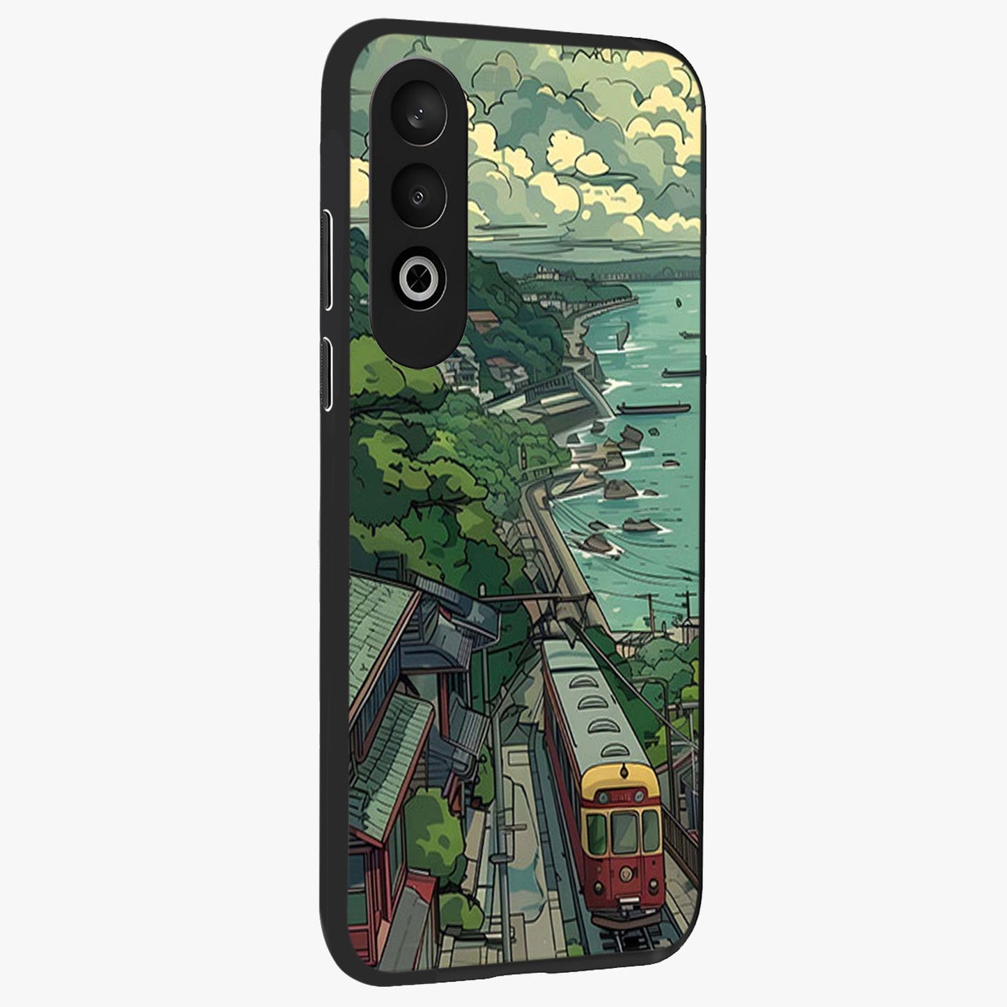 Seaside Train Ride Glass Case for 1+Nord CE 4 side perspective highlighting detailed scenery textures and premium edges