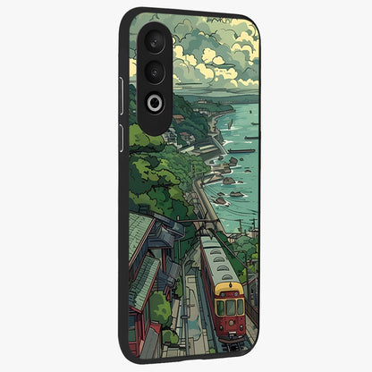 Seaside Train Ride Glass Case for 1+Nord CE 4 side perspective highlighting detailed scenery textures and premium edges