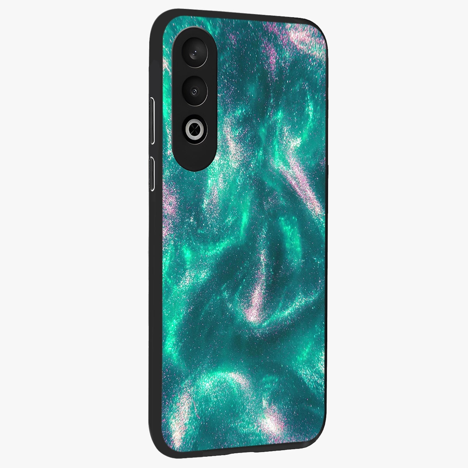 Shimmering Nebula Waves Glass Case for 1+Nord CE 4 side perspective highlighting luminous textures and smooth build