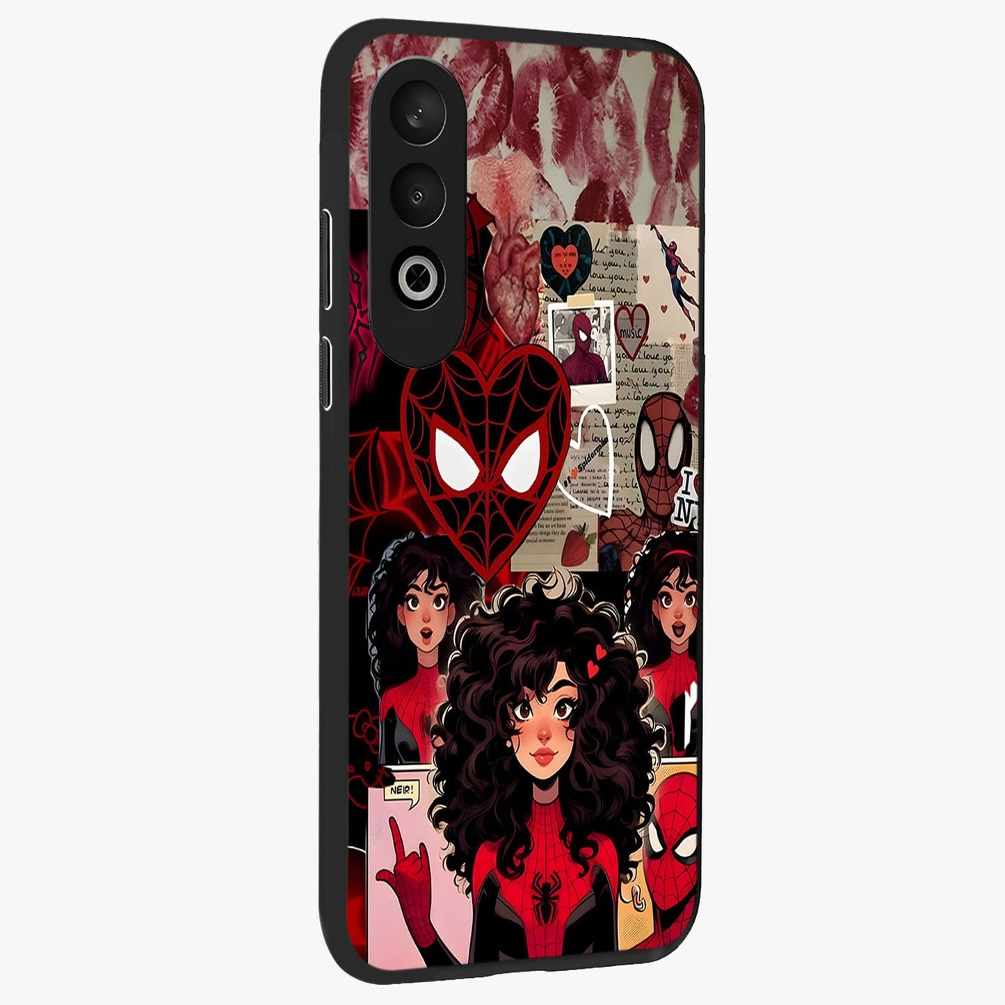 Spider Love Story Glass Case for 1+Nord CE 4 side perspective highlighting dynamic character textures and premium edges