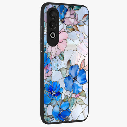 Stained Blue Floral Glass Case for 1+Nord CE 4 side perspective highlighting intricate bloom textures and premium edges
