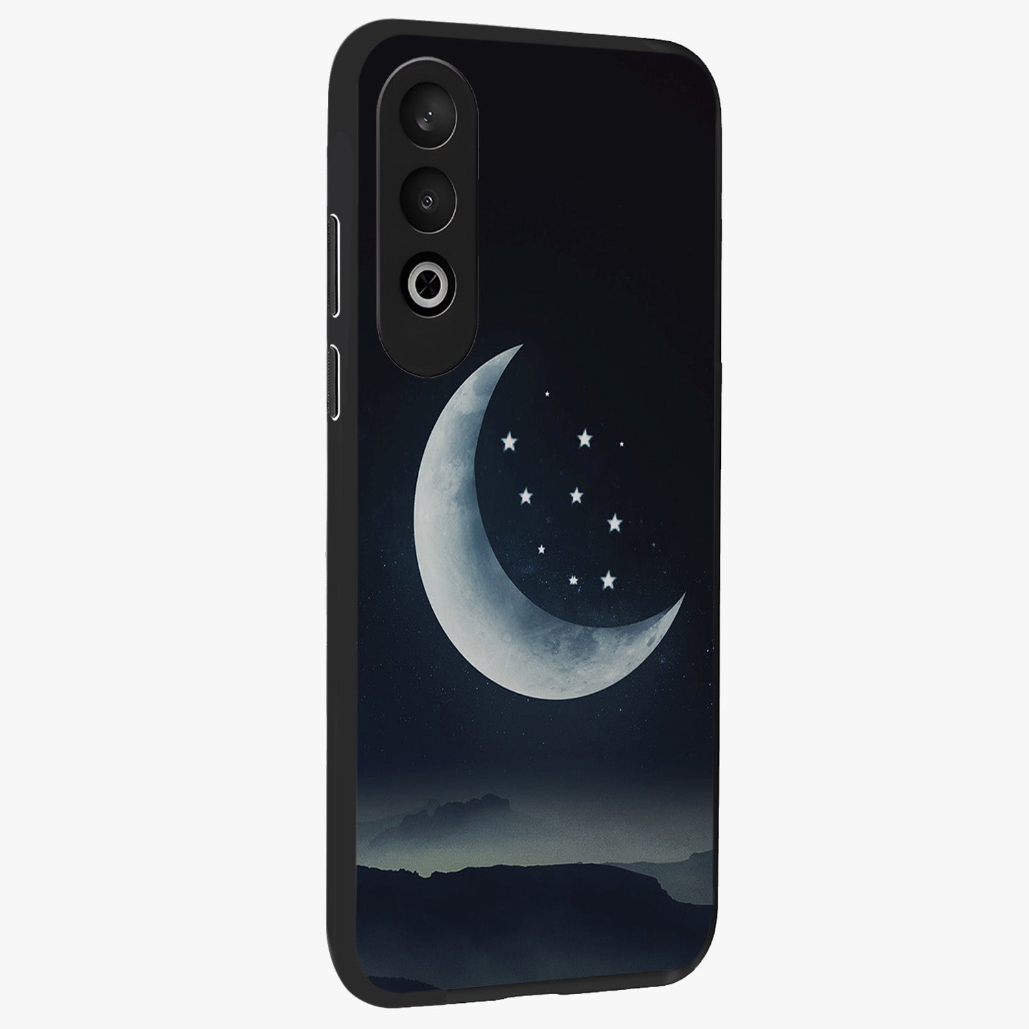 Starry Moon Pattern Glass Case for 1+Nord CE 4 side perspective highlighting celestial textures and premium edges