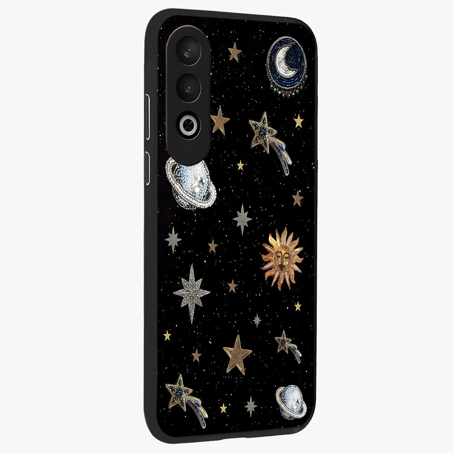 Stars and Planets Brooches Glass Case for 1+Nord CE 4 side perspective highlighting intricate planetary textures and sleek build