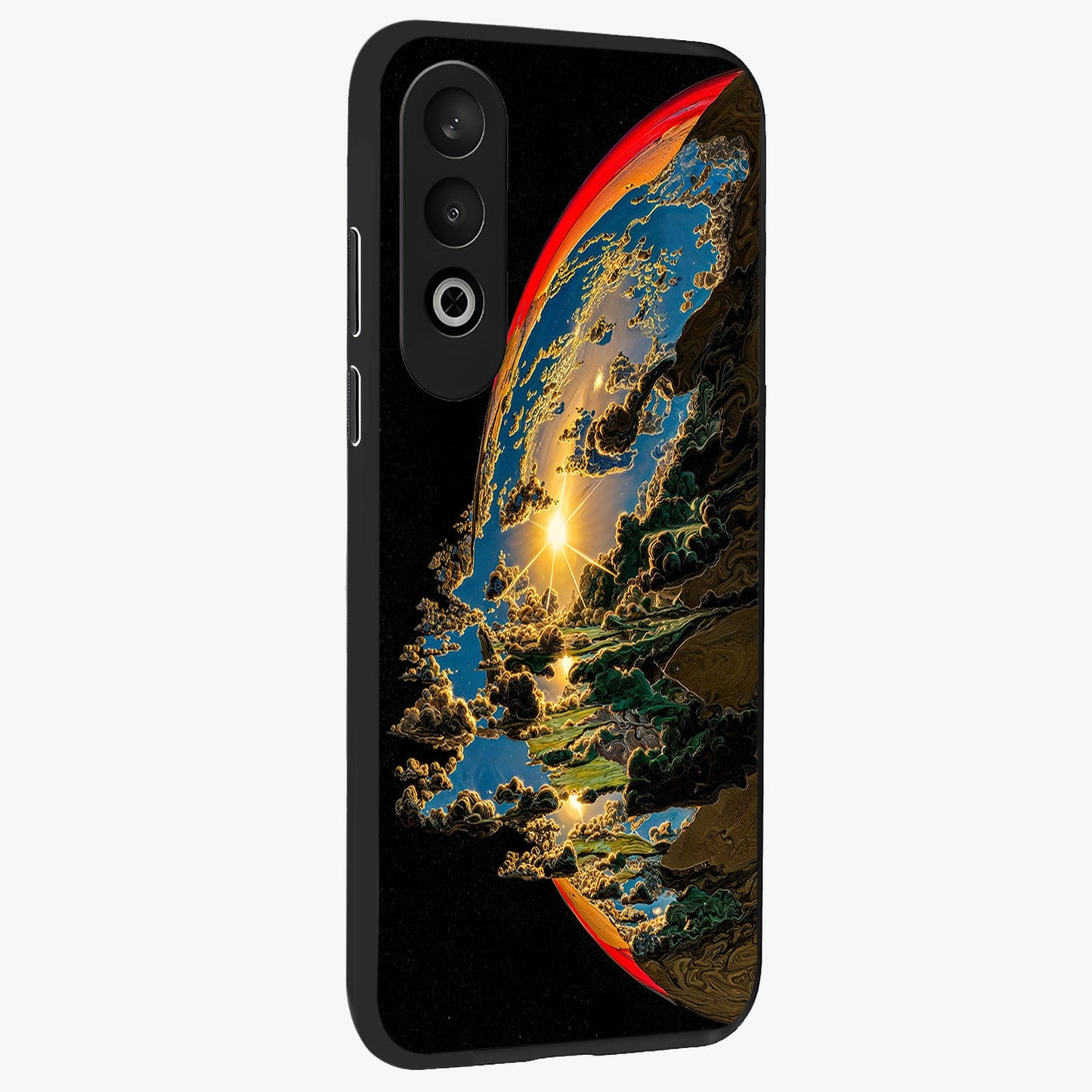 Sunrise Bursting Glass Case for 1+Nord Ce 4 side perspective highlighting glowing sky textures and premium edges