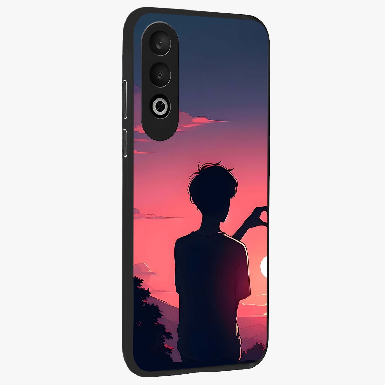 Sunset Silhouette Girl Glass Case for 1+Nord Ce 4 side perspective highlighting soft scenic textures and sleek premium build