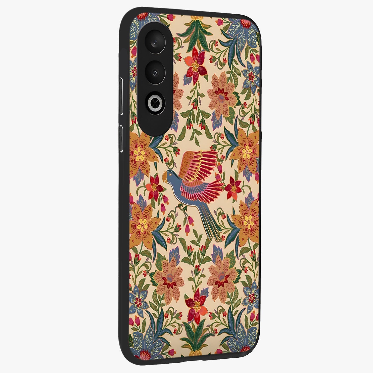 Tropical Folk Art Bird Glass Case for 1+Nord CE 4 side perspective highlighting detailed feather textures and premium edges
