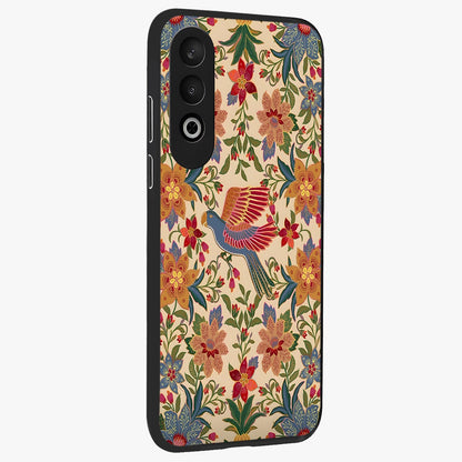 Tropical Folk Art Bird Glass Case for 1+Nord CE 4 side perspective highlighting detailed feather textures and premium edges