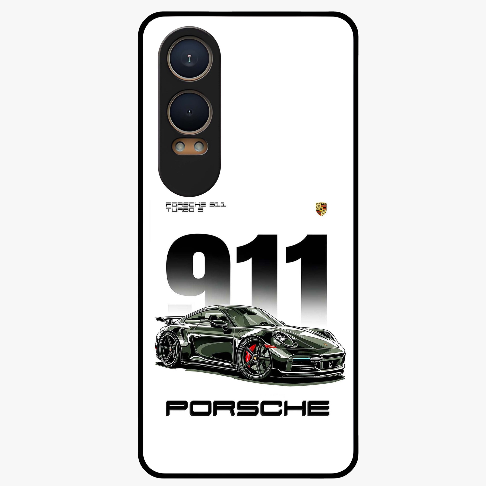 911 Turbo Dominance Glass Case for 1+Nord Ce 4 Lite bold front view featuring large 911 graphic and detailed green Porsche sports car artwork