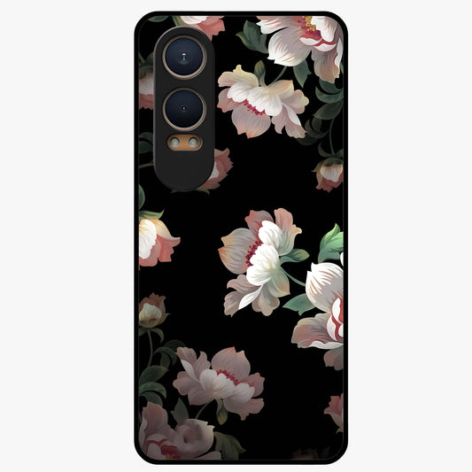 Abstract Embossed Blooming Bright Flower Glass Case for 1+Nord Ce 4 Lite front view featuring vibrant raised floral artwork