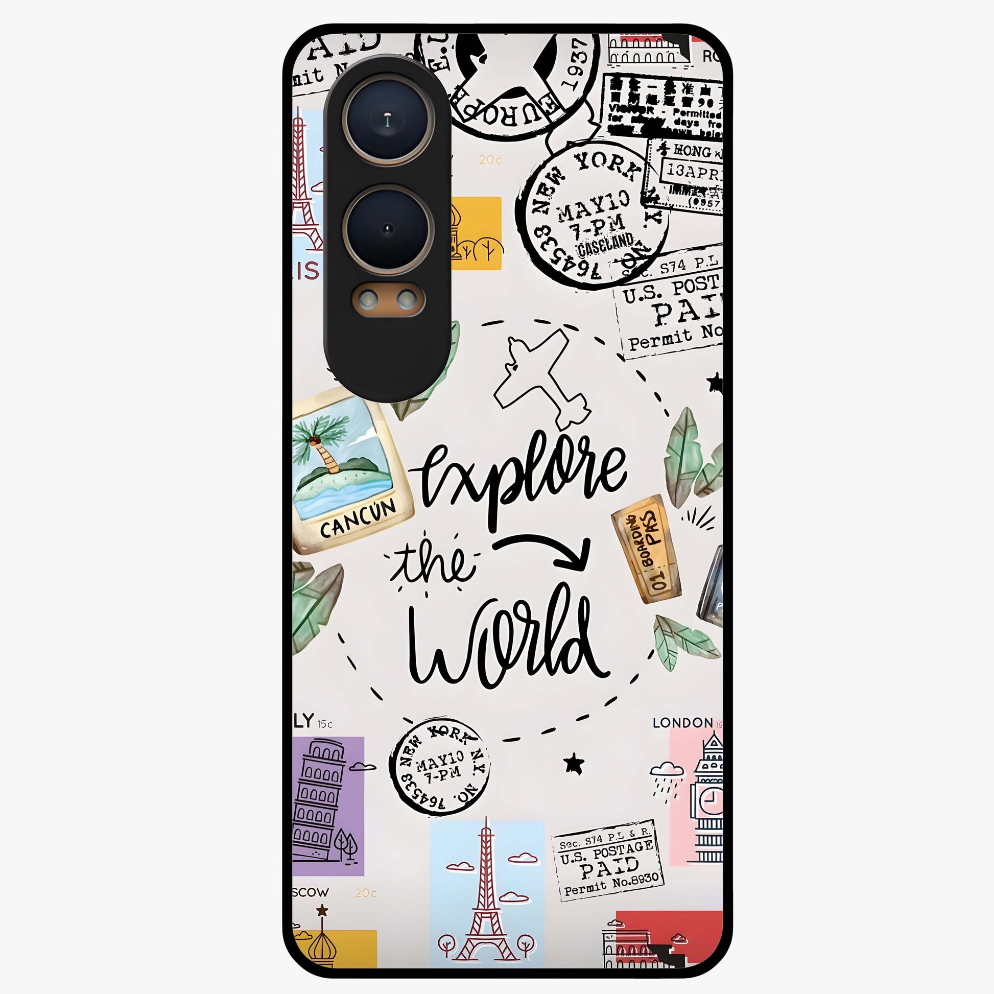 Adventure Awaits Art Glass Case for 1+Nord Ce 4 Lite front view featuring bold travel inspired typography artwork