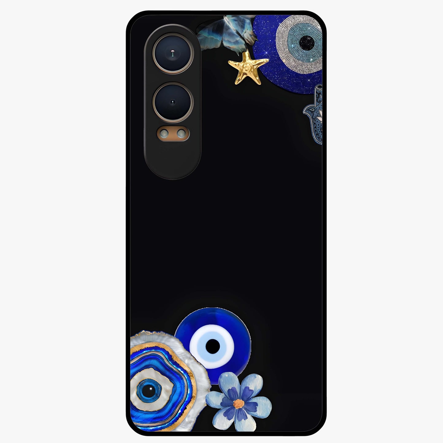 Aesthetic Blue Evil Eye Glass Case for 1+Nord CE 4 Lite front view featuring vibrant traditional evil eye artwork