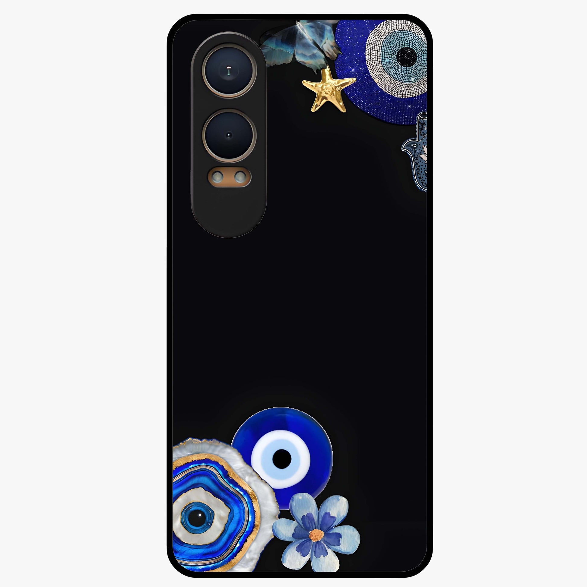 Aesthetic Blue Evil Eye Glass Case for 1+Nord CE 4 Lite front view featuring vibrant traditional evil eye artwork