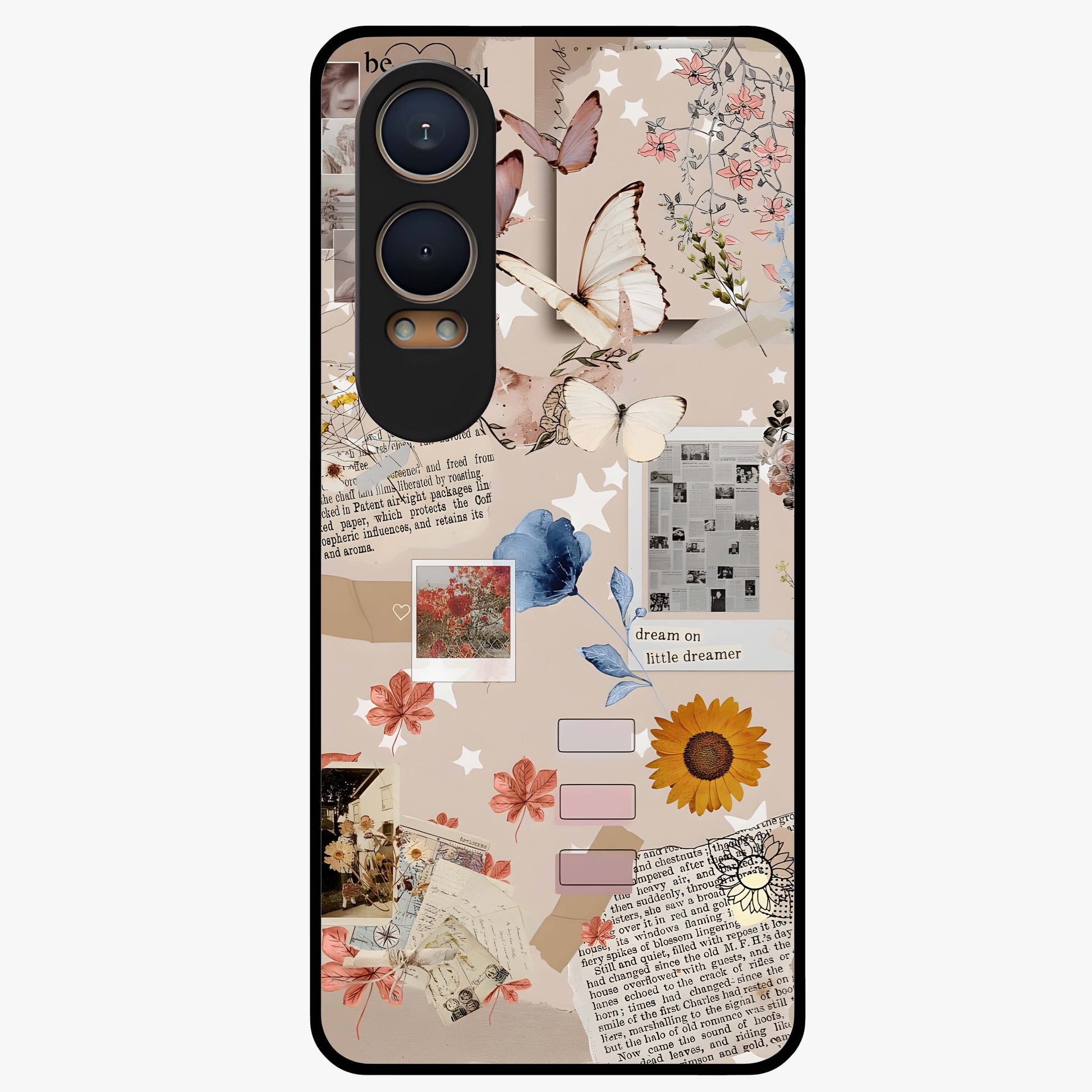 Aesthetic Butterfly Glass Case for 1+Nord CE 4 Lite front view featuring elegant butterfly artwork with soft aesthetic tones