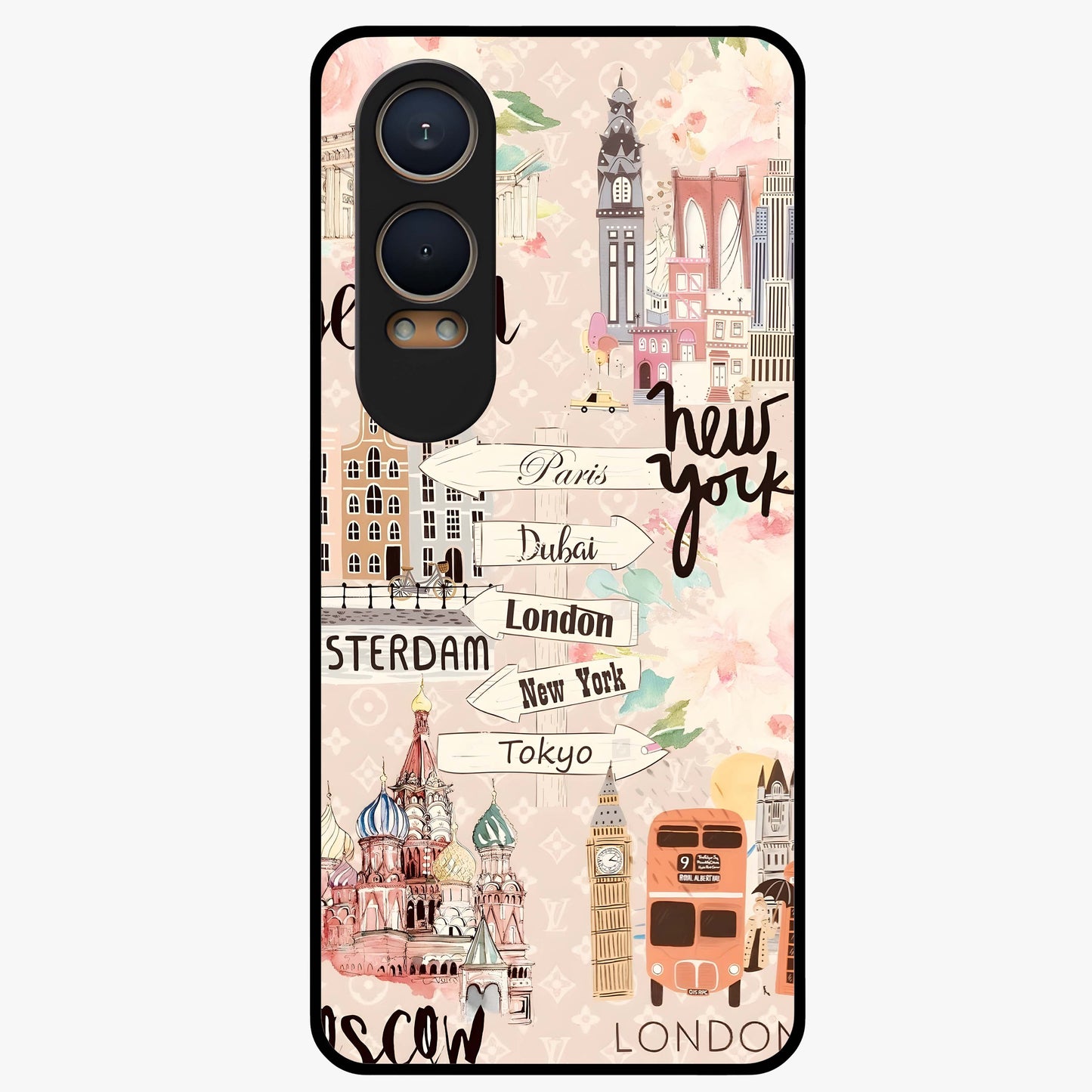 Aesthetic Travel Glass Case for 1+Nord Ce 4 Lite front view featuring wanderlust inspired travel artwork
