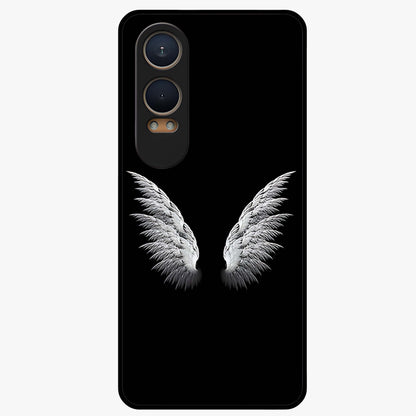 Angel Wing Grace Glass Case for 1+Nord CE 4 Lite elegant front view featuring soft angel wing artwork