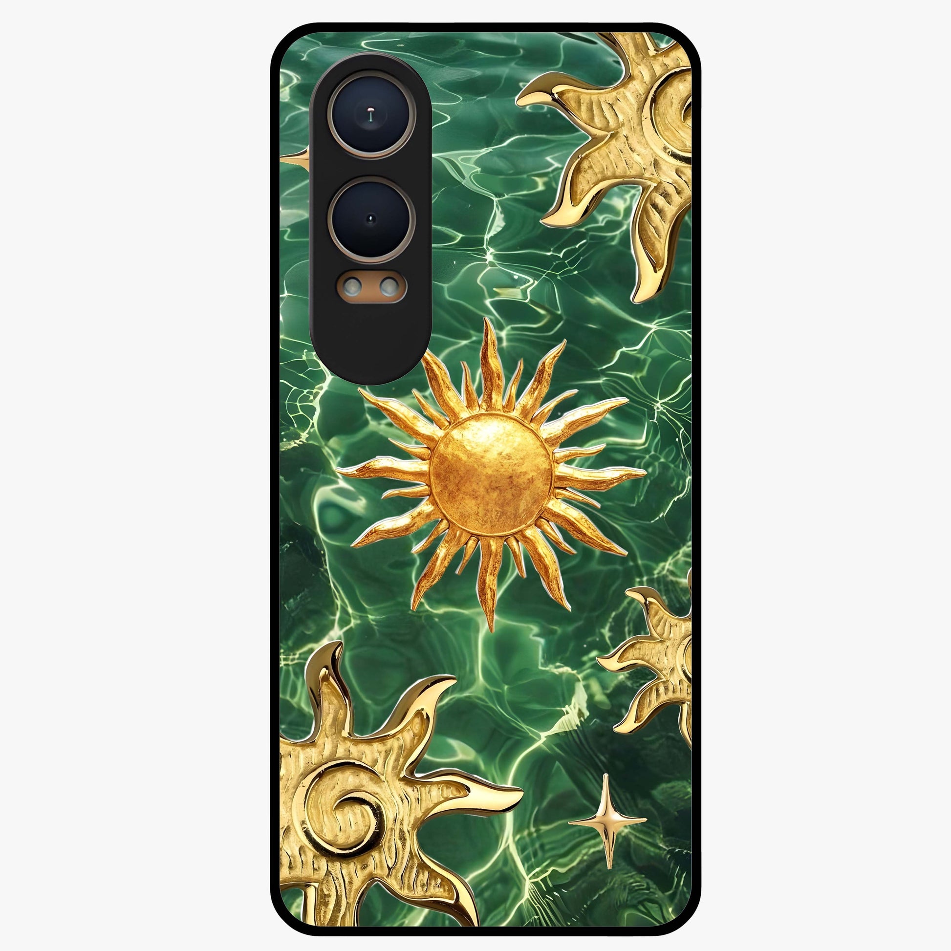 Aqua Sun Mirage Glass Case for 1+Nord CE 4 Lite vibrant front view featuring aqua blue sun inspired artwork