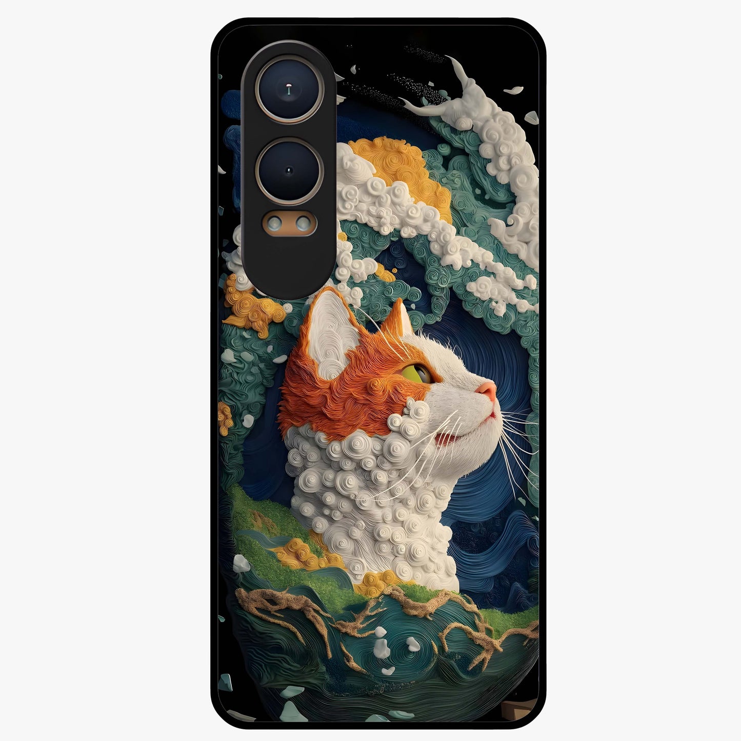 Aurora Cat Dreams Glass Case for 1+Nord CE 4 Lite dreamy front view featuring glowing cat artwork with aurora tones